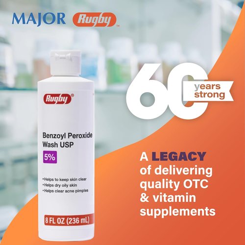 Rugby Benzoyl Peroxide Wash USP 5% - Acne Treatment for Clear Skin - 8 Fl. Oz.