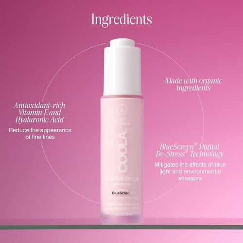 COOLA Organic Sun Silk Drops and Face Moisturizer with SPF 30, Dermatologist Tested Sunscreen with Plant-Derived BlueScreen Digital De-Stress Technology, 1 Fl Oz