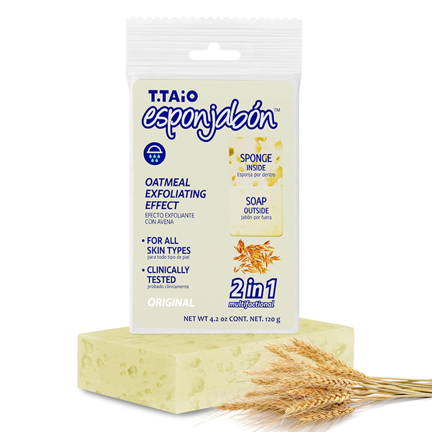 T.Taio Esponjabon Mother of Pearl Soap Sponge - Revitalizing Shower Scrubber for Bath Wash & Oil Removal - Bathroom Essentials with Fresh Scents - Oat with Mini