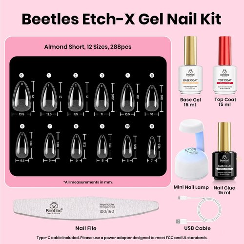Beetles Gel Nail Kit Etch-X, Almond Short, 288pcs 12 Sizes Nail Tips, 3Pcs 15ml HEMA-Free Nail Glue Top Coat & Base Gel Set, with Mini Lamp, Press On Nail, Long Lasting Extension DIY Set at Home