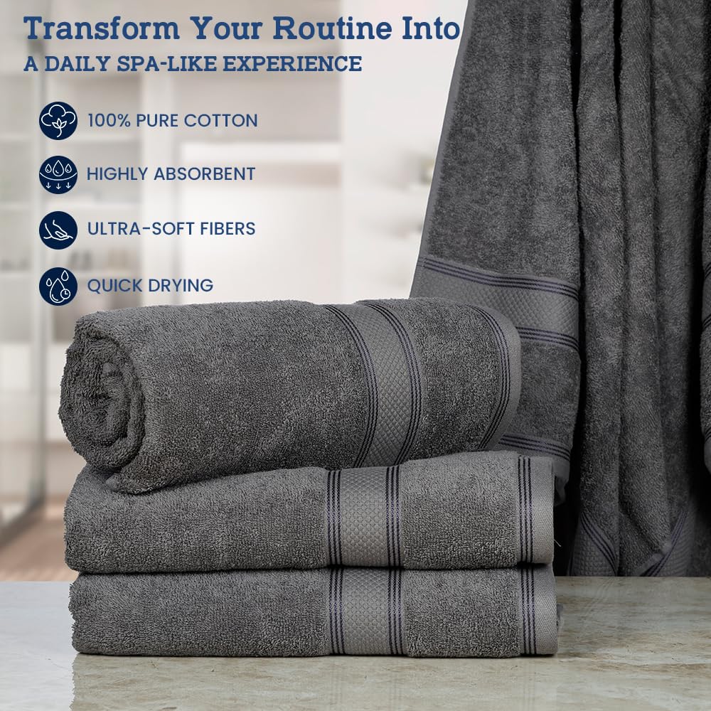 Casa Lino 4 Pack Bath Towels (27x54), 100% Pure Cotton, Luxury Bath Towels, Lightweight & Highly Absorbent, Quick Drying Towels for Bathroom, for Daily Use Bathroom, Charcoal