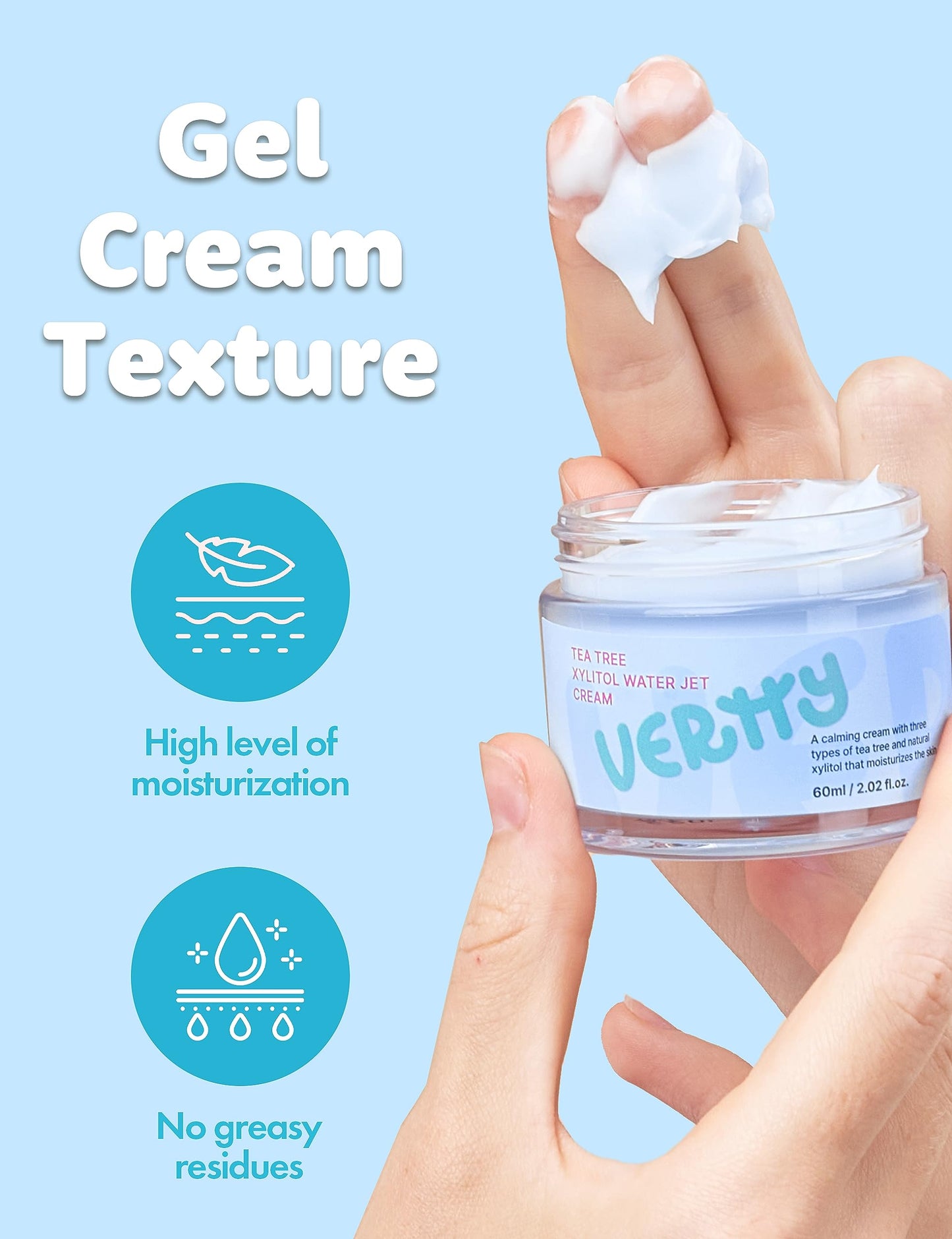 vertty Tea Tree XYLITOL Hydrating Facial Cream | Cooling, Redness Relief, Moisturizing Water Cream | Non-Comedogenic Moisturizer for Face | Long-lasting Hydration | Teens & Kids Skin Care (2oz)
