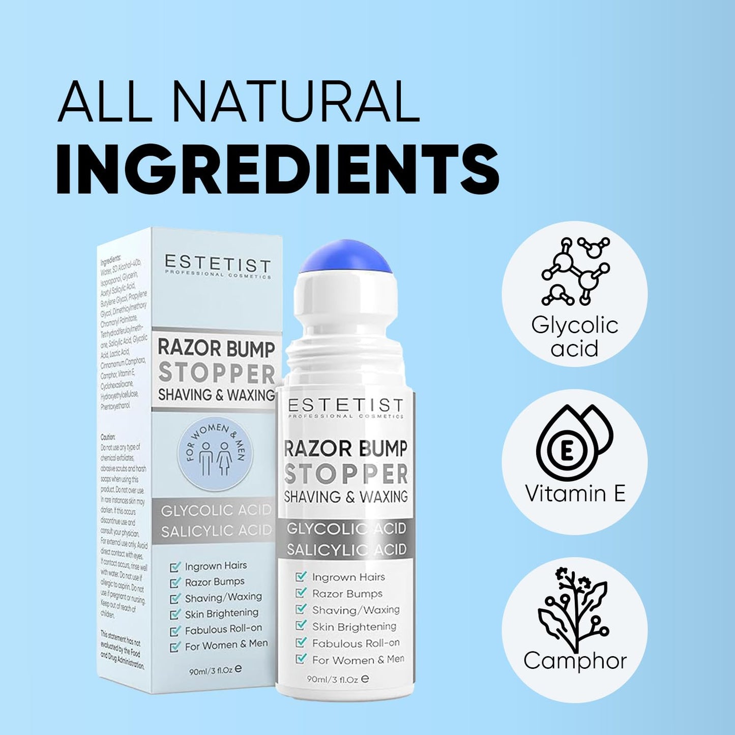 Razor Bump Stopper Solution for Ingrown Hair Skin Care Treatment for Face, Neck, Bikini Area, Legs and Underarm Area After Shave Serum Roll-On for Men and Women With Salicylic Acid, Glycolic Acid