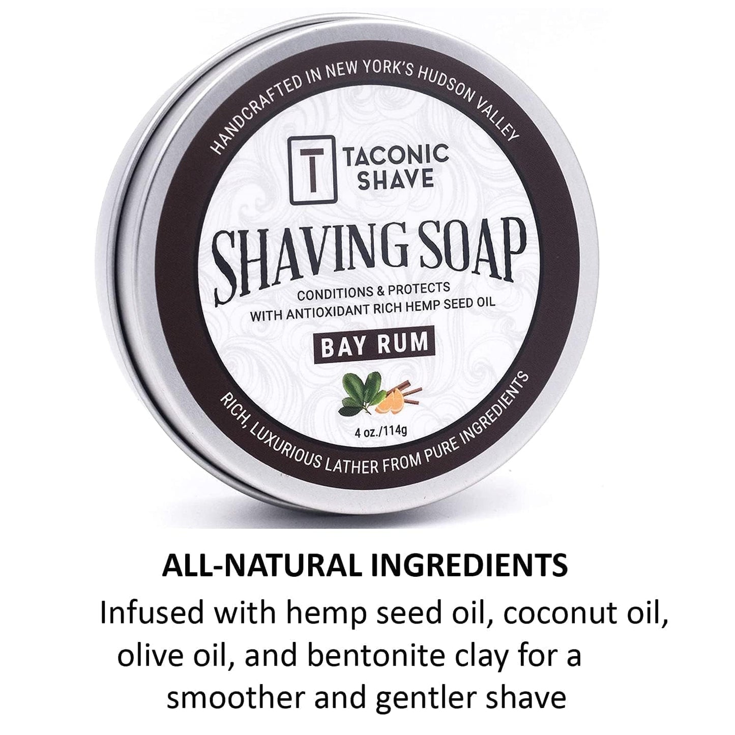 Taconic Shave Bay Rum Scent Shaving Soap - Barbershop Quality Lather with Coconut & Olive Oils - Made in USA