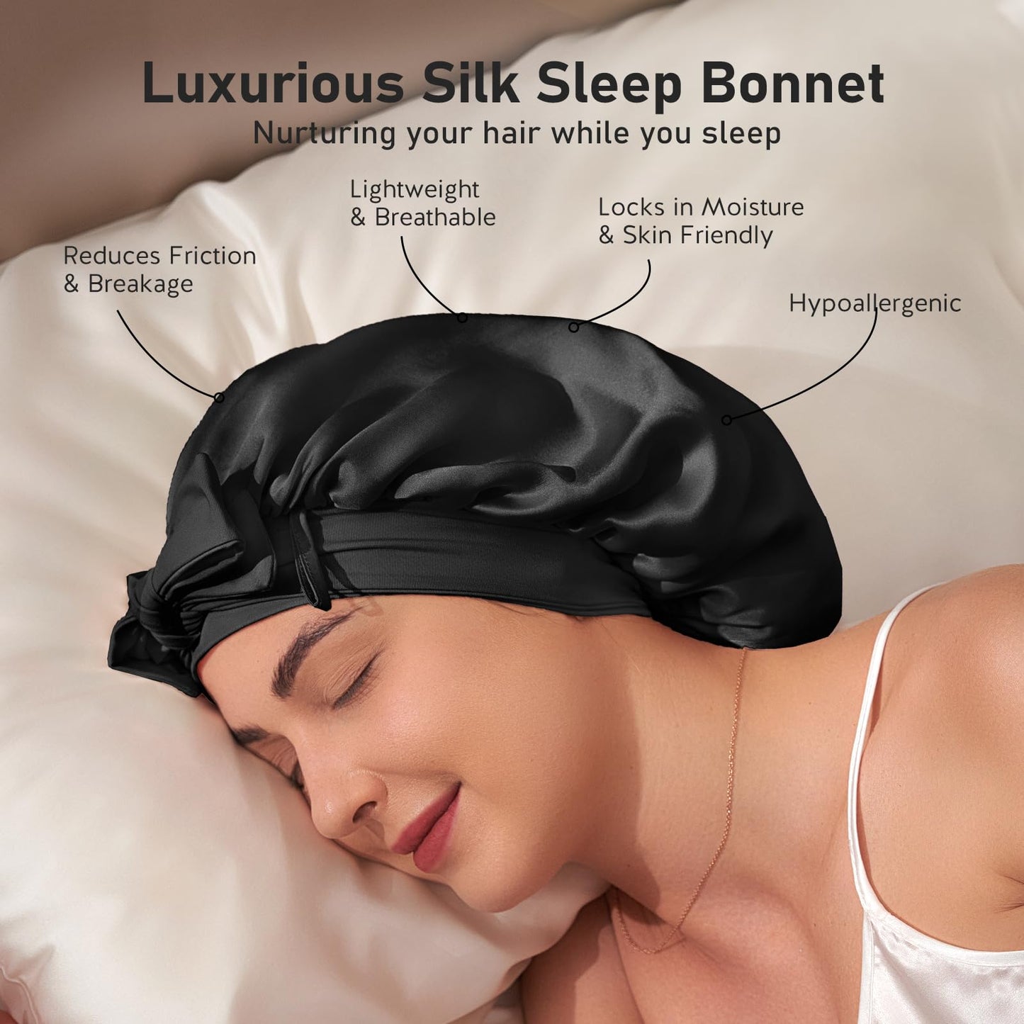 LitBear 100% Mulberry Silk Bonnet for Sleeping Women, 6A 22 Momme, Large Double-Layer Silk Hair Wrap with Tie Band, Non-Slip Silk Turban, Includes Silk Scrunchie