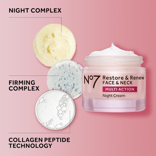 No7 Restore & Renew Night Cream - Collagen Peptide Anti-Aging Face & Neck Cream | Hydrating & Fragrance-Free (50ml)