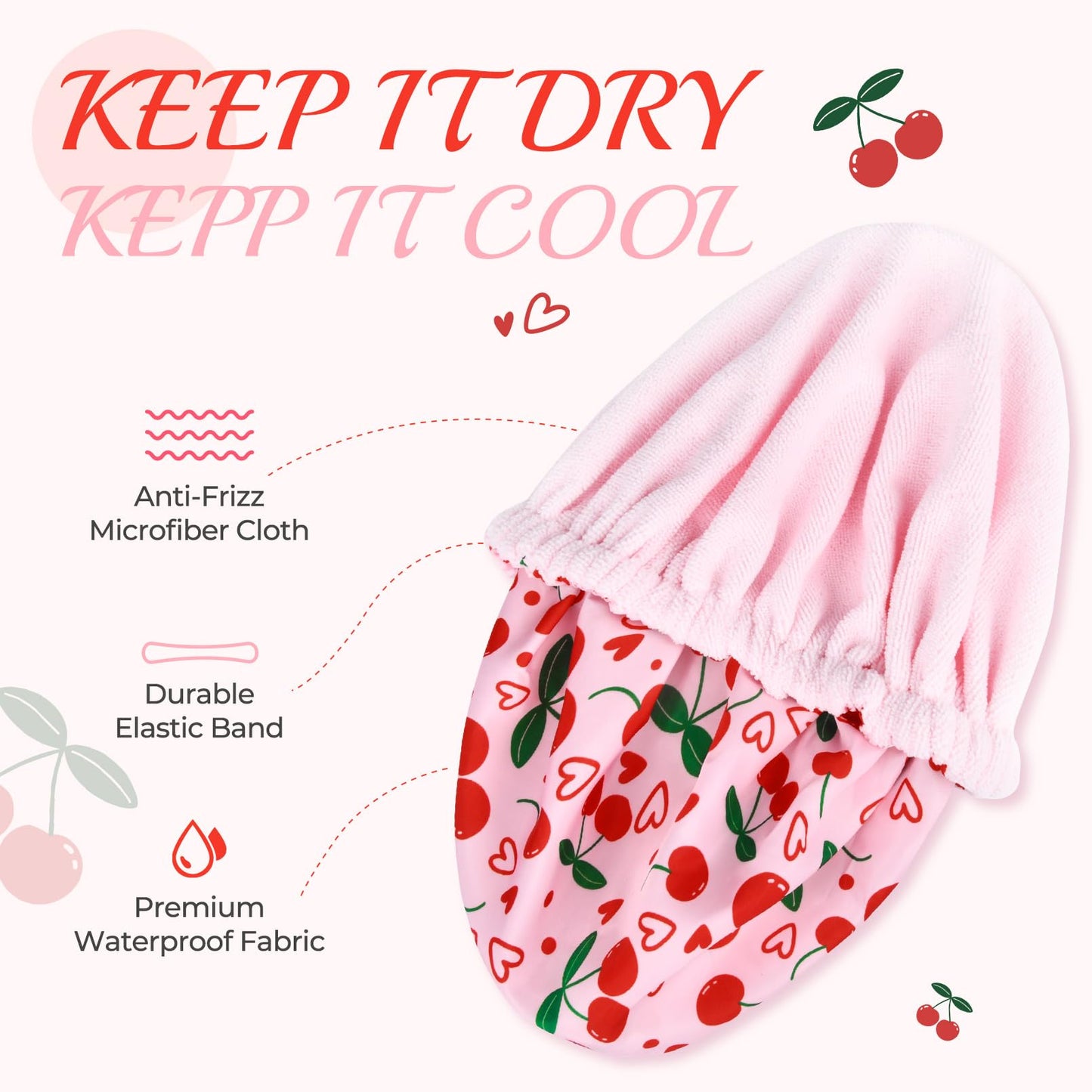 Shower Cap for Women Terry Lined Bath Cap Large Reusable Waterproof Elastic Band Pink Cherry Shower Caps for Long Thick Hair Soft Bath Shower Hair Caps