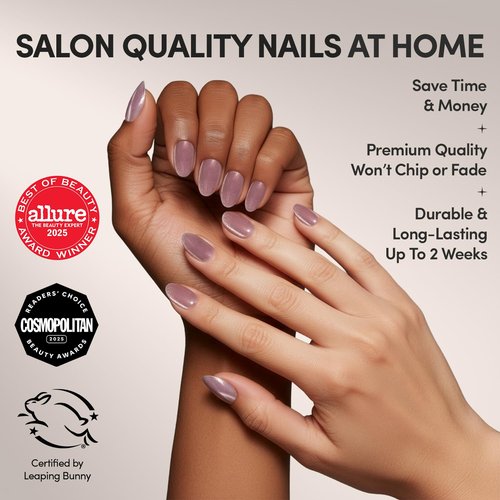 Glamnetic Press On Nails - Fairy Dust | Short Oval Beige-Pink Fake Nails with a Mesmerizing Metallic Finish, Salon Quality | 15 Sizes - 30 Nail Kit with Glue