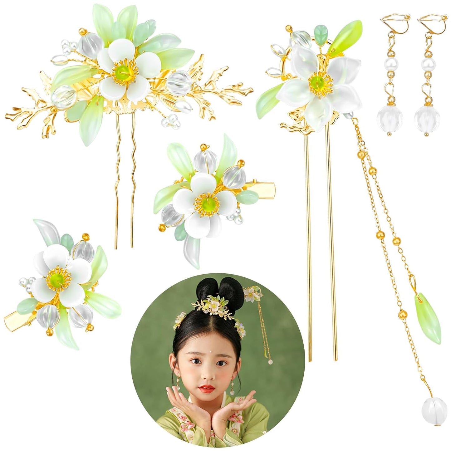 5 Pcs Flower Chinese Tassel Hair Stick Crystal Pearl Hanfu Hair Pins Classical Floral Bride Wedding Accessories for Women