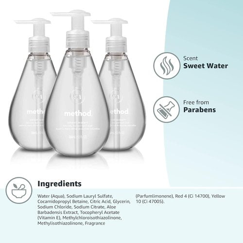 Method Gel Hand Soap - Sweet Water Scent | 12 Fl Oz - Pack of 3 for Refreshing Cleanliness