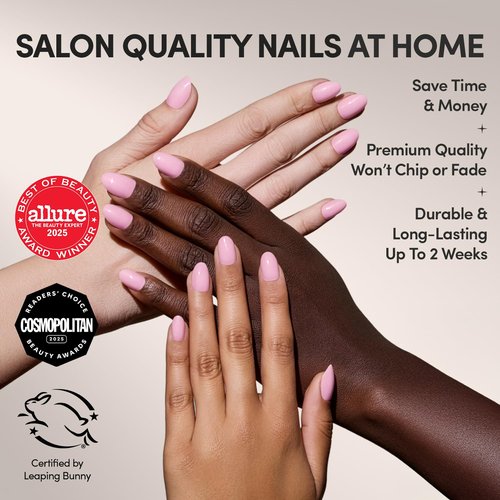 Glamnetic Press On Nails - Think Pink | Solid Opaque Light Pastel Pink Short Oval Fake Nails, Salon Quality | 15 Sizes - 30 Nail Kit with Glue
