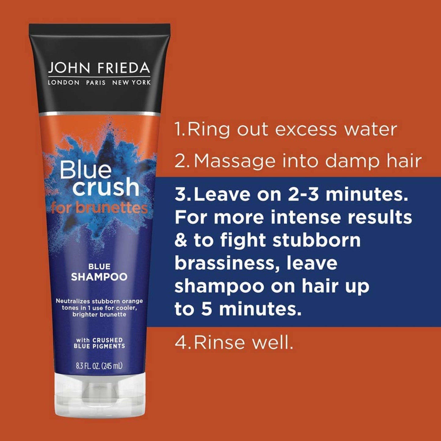 John Frieda Blue Crush Blue Shampoo for Brunettes, Crush Brassy Hair Tones for Brunettes, 8.3 oz (2 Pack)