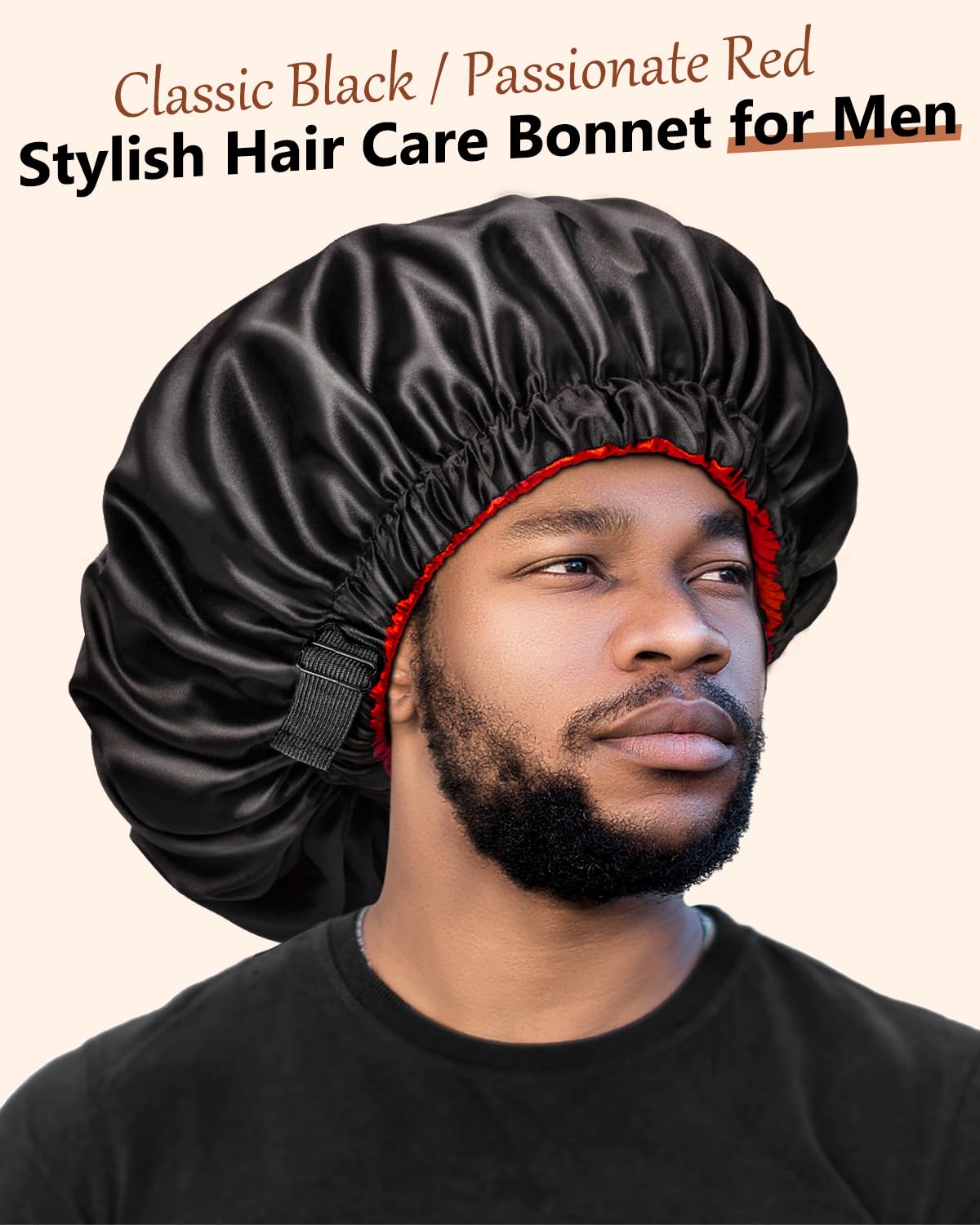 mikimini Satin Bonnet for Men and Women, Reversible Double Layer Sleeping Bonnet for Hair Braids with Anti-slip Adjustable Elastic Band Super Soft (XL, Black/Red)