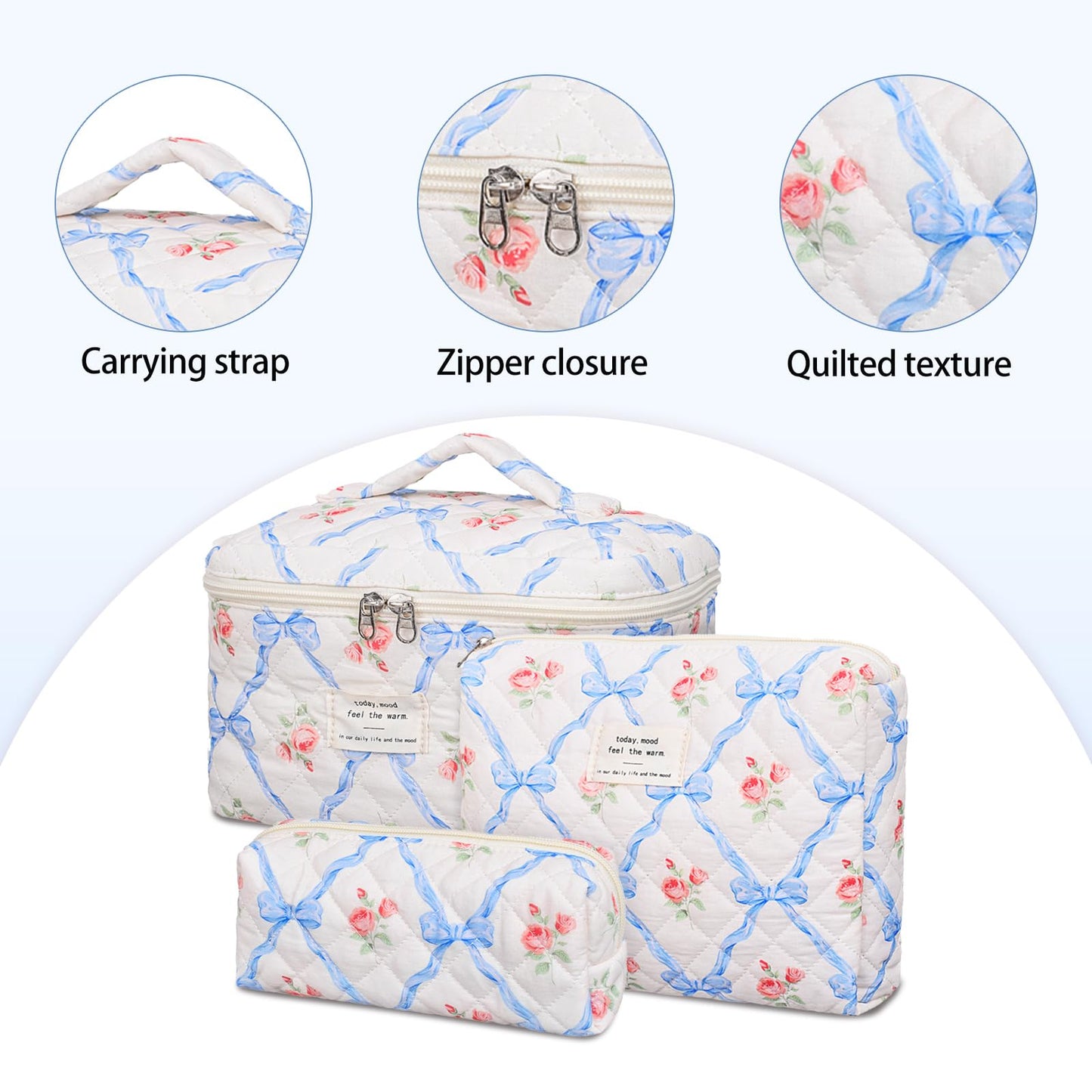 SXS LACONIC Large Makeup Bag,Quilted Makeup Bag Set,Cotton Coquette Aesthetic Floral Makeup Pouch for Women, Travel Cute Soften Cosmetics Bag Organizers for Girls