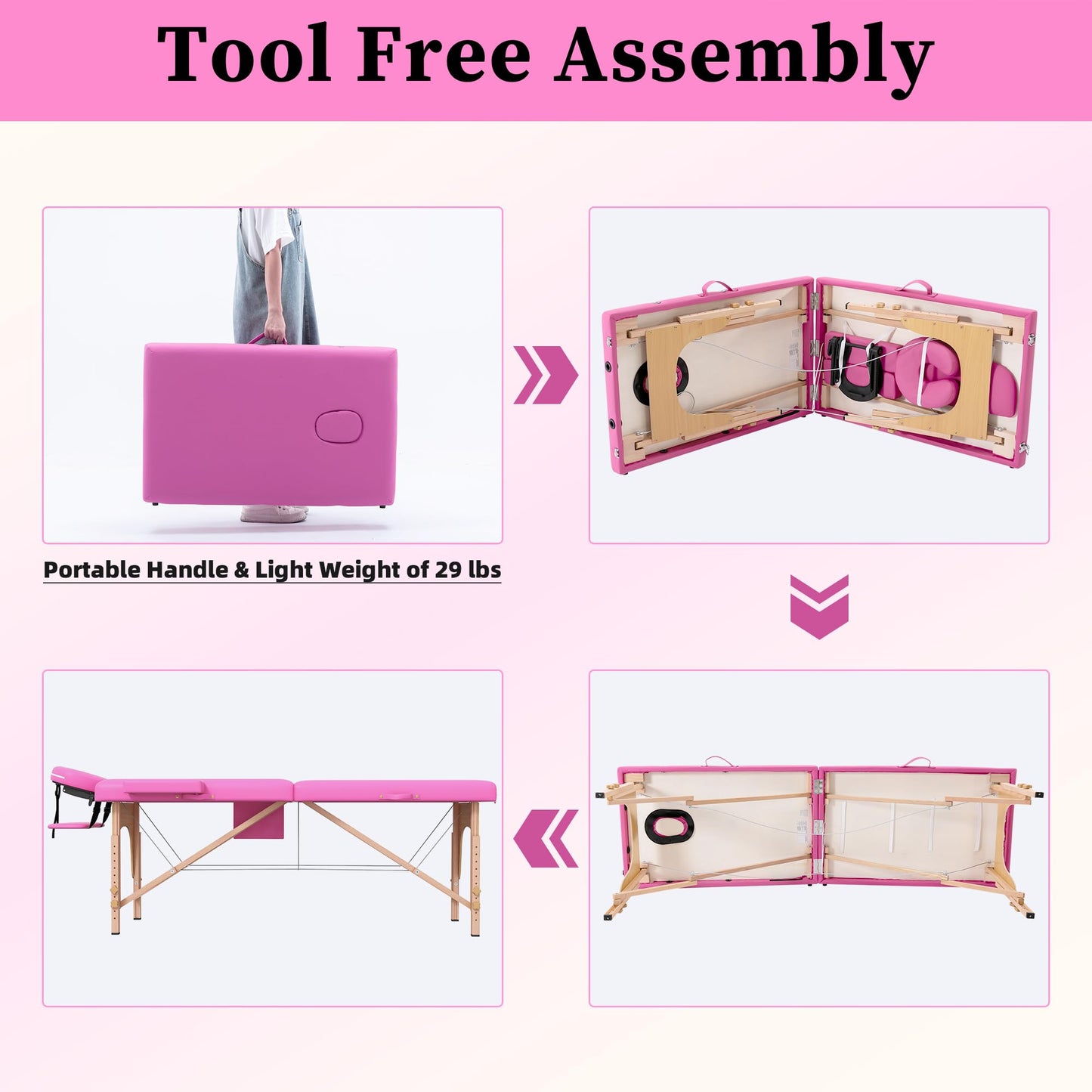 civama Massage Table Massage Bed Portable, 29 LBs Light Weight 2 Section Foldable Tattoo Bed Facial Care Spa Lash Bed Height Adjustable Sturdy Wooden Frame with Accessories Carrying Bag, Pink