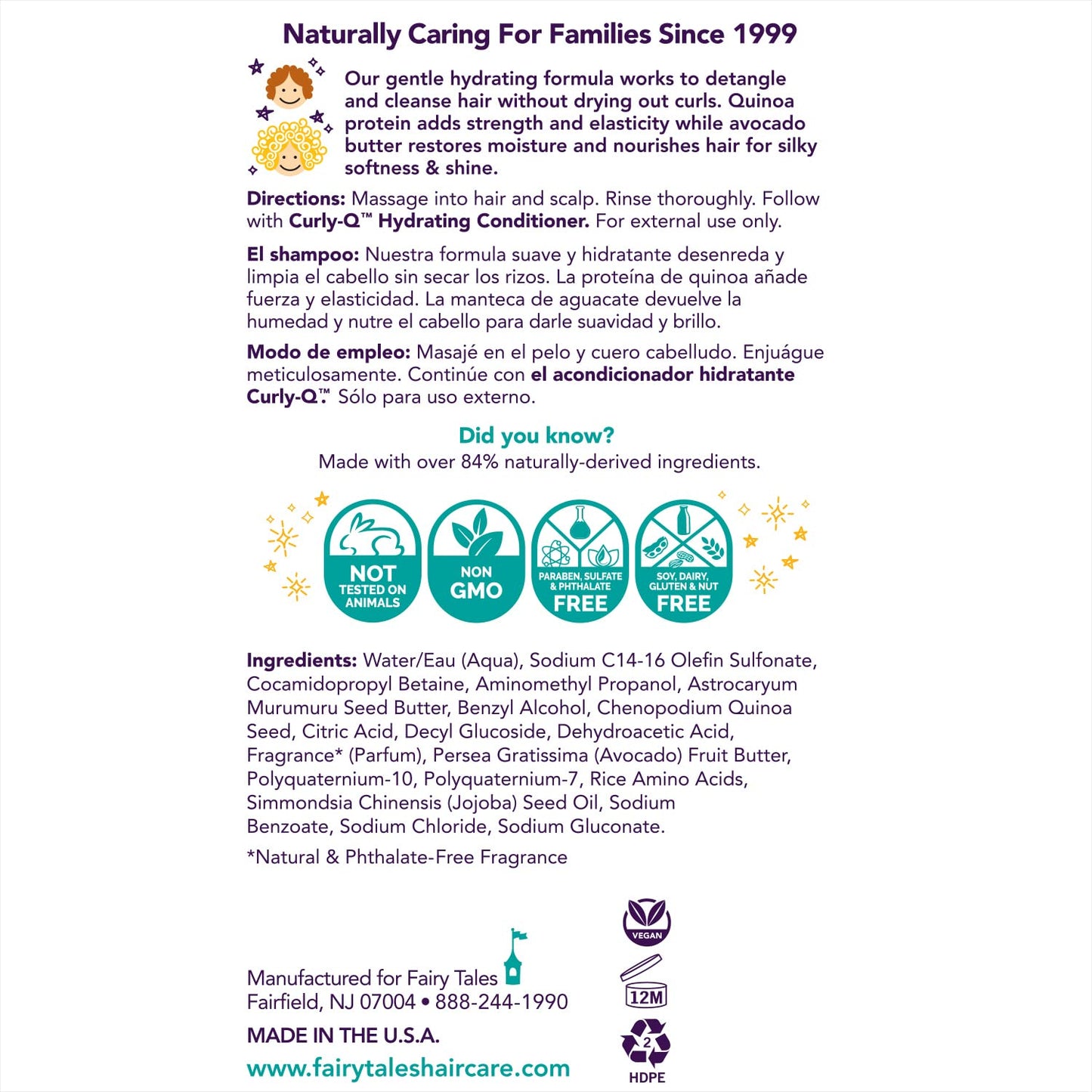 Fairy Tales Curly Q Kids Shampoo - Hydrating for Curly and Multicultural Hair, All Curl Types - Paraben, Sulfate, Gluten, and Nut Free - 32 oz