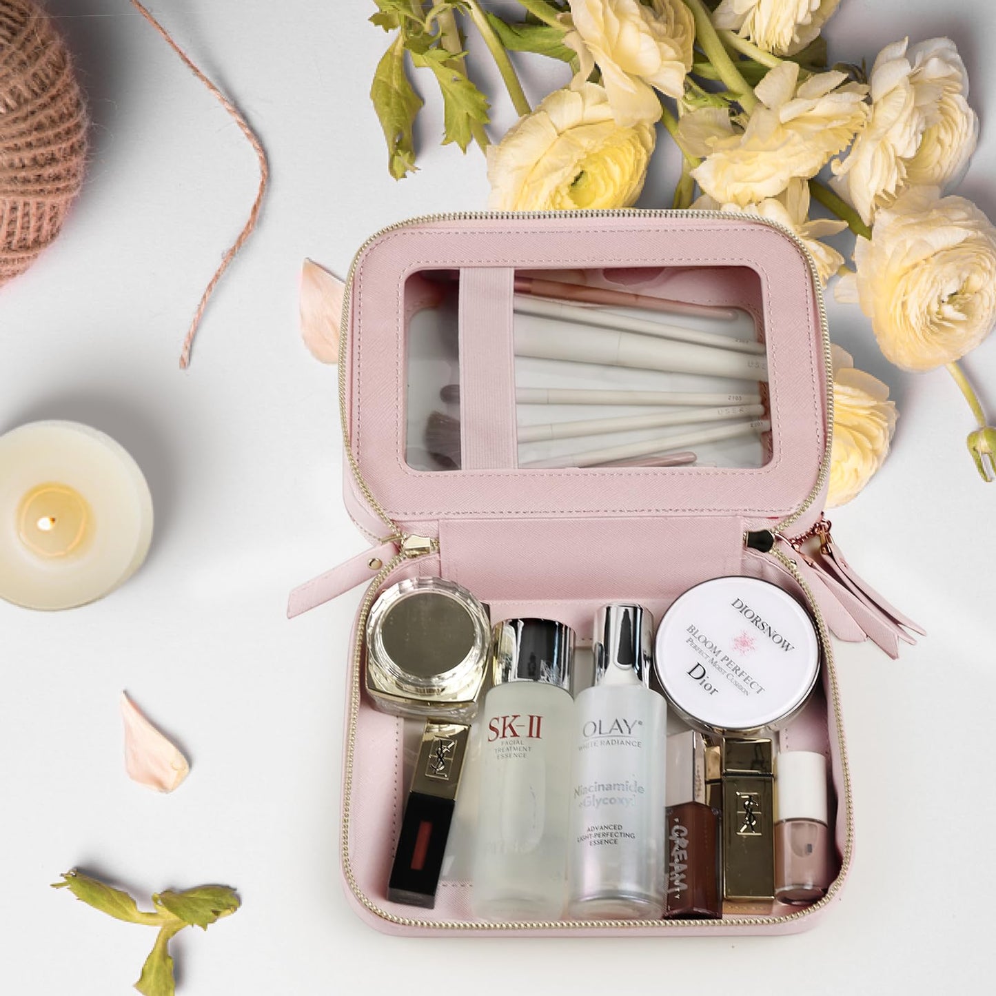 Prite Double Layer Makeup Bag for Women Portable Clear Makeup Bag Cute Waterproof Travel Cosmetic Bag with Gold Zipper for Car Essentials(Pearlescent Pink)