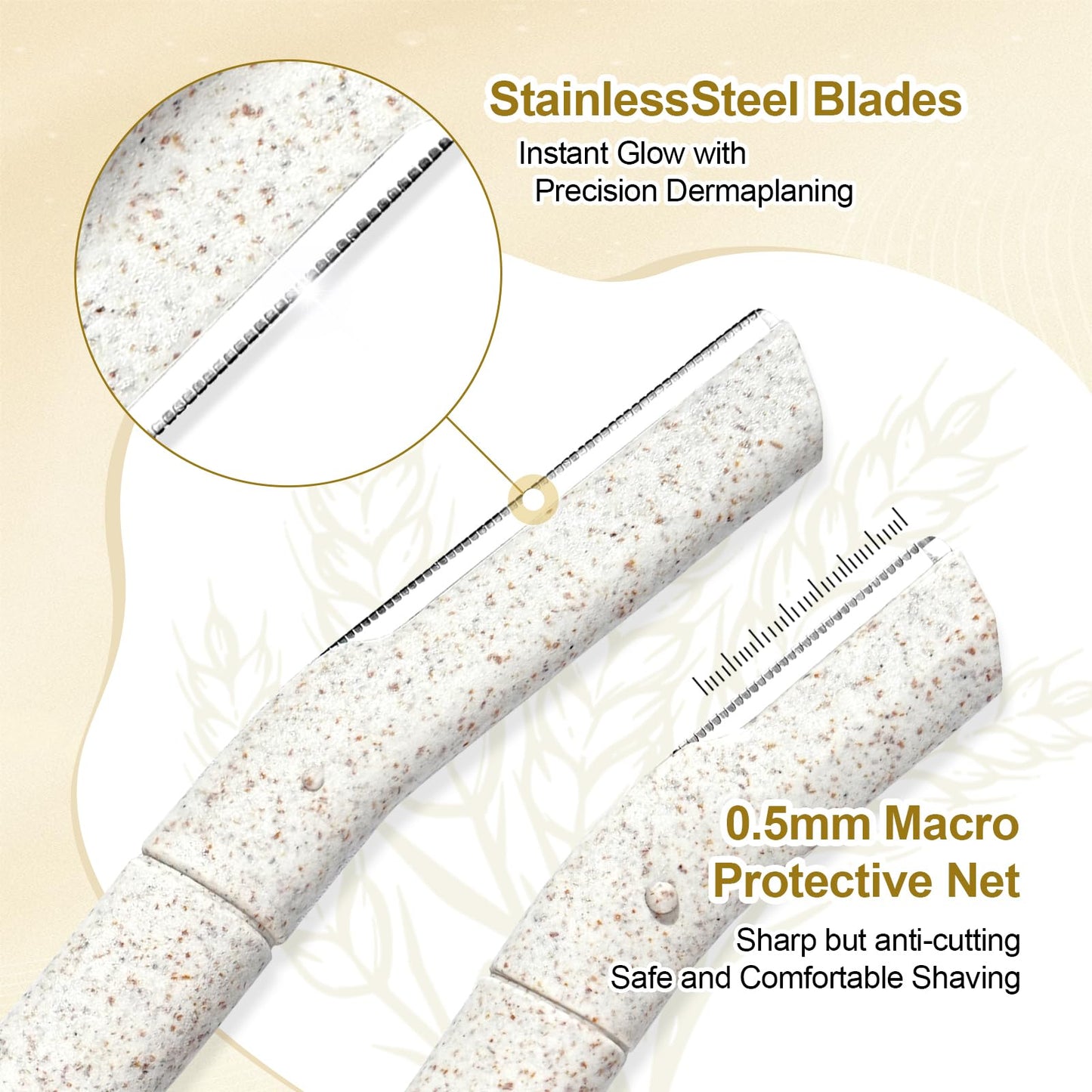 Eco-Friendly Women's Dermaplaning Razor - Multipurpose Exfoliating Tool with Anti-Cut Blades & Biodegradable Handle for Silky Skin & Perfect Brows (Beige)