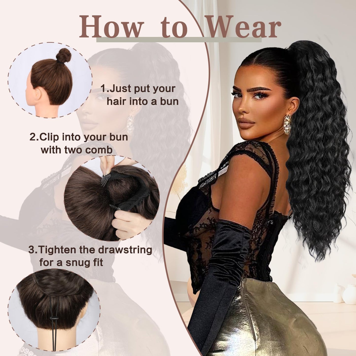 AISI BEAUTY Curly Ponytail Extension 24" Drawstring Ponytail for Black Women Clip in Ponytail Black Ponytail Extension Synthetic Hairpiece for Daily Party(1B)