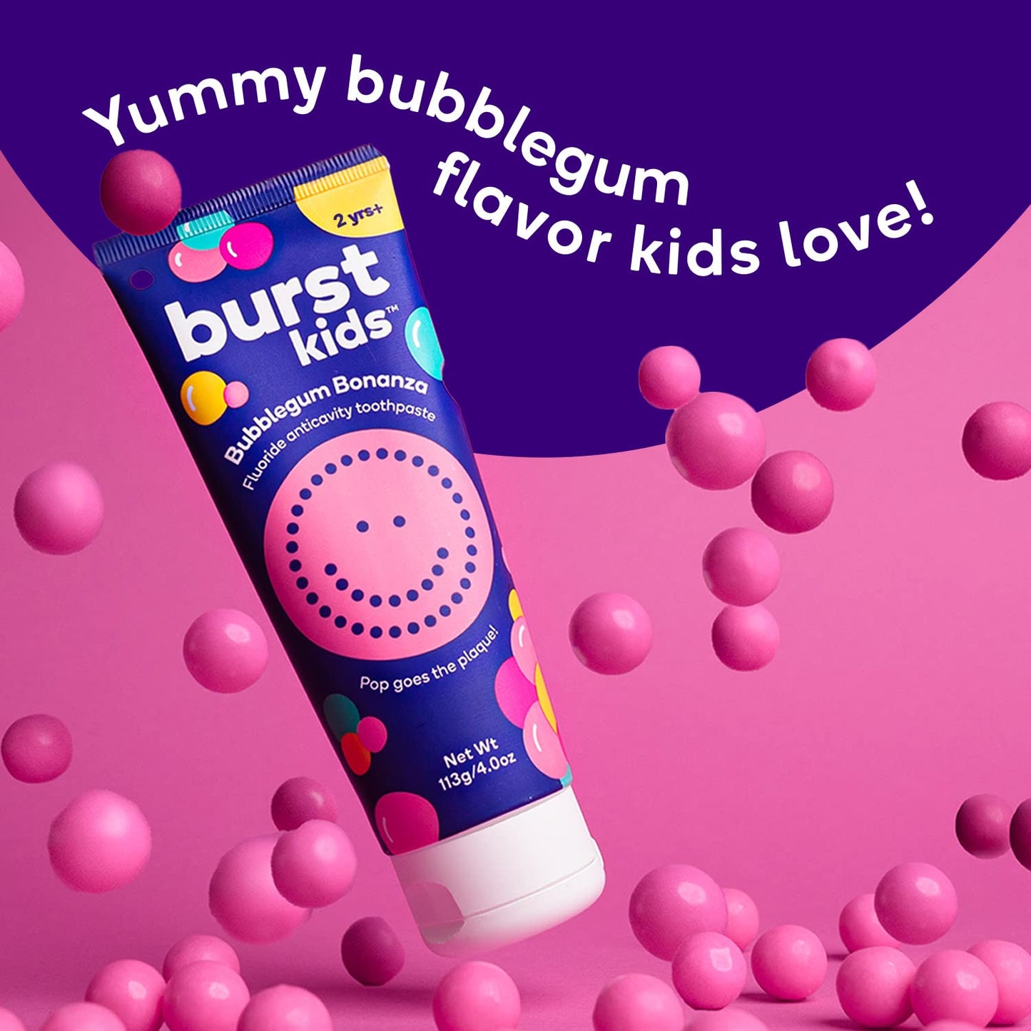 BURSTkids Bubblegum Bonanza Kids Toothpaste with Fluoride - Great Tasting Flavored Childrens & Toddler Toothpaste - Anticavity, Dye Free, Vegan, Safe Toothpaste for Kids Ages 2+ - 4oz