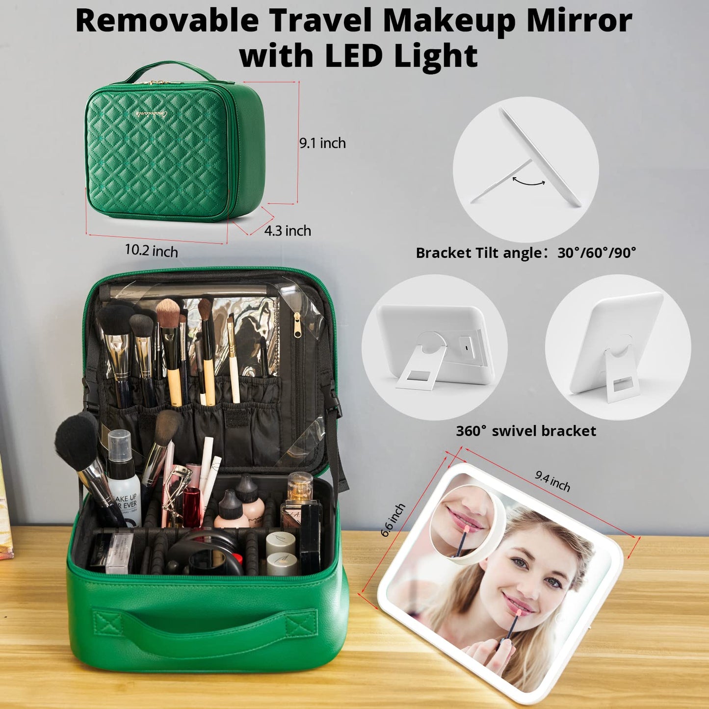Omobolanle Makeup Bag with Mirror Led Light Detachable Portable Make up Travel Train Case with Adjustable Dividers and 10x Magnifying Mirror Green