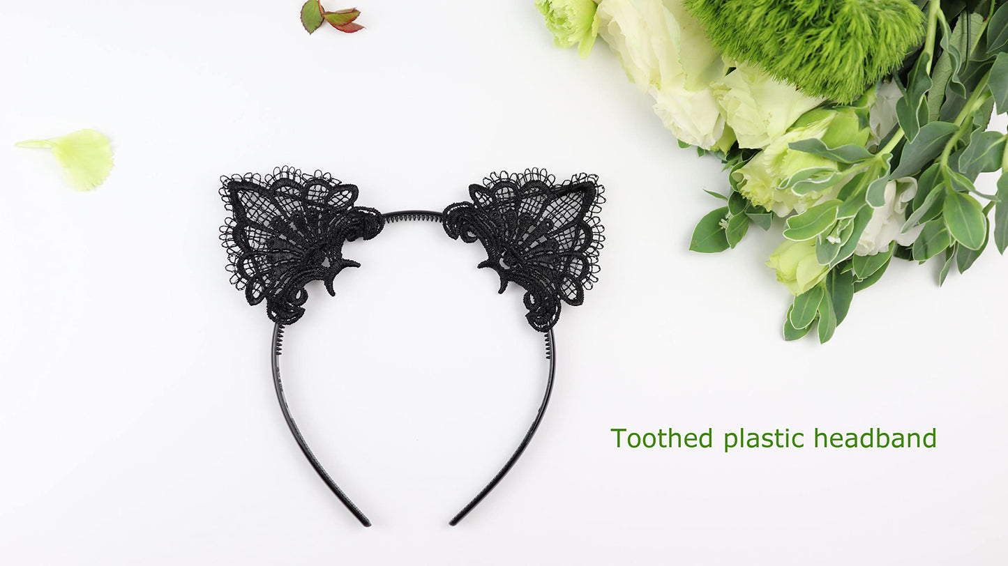 Bonnie Z. Leonardo Exquisite Sweet Lace Cat Ears Headband Black-Plastic