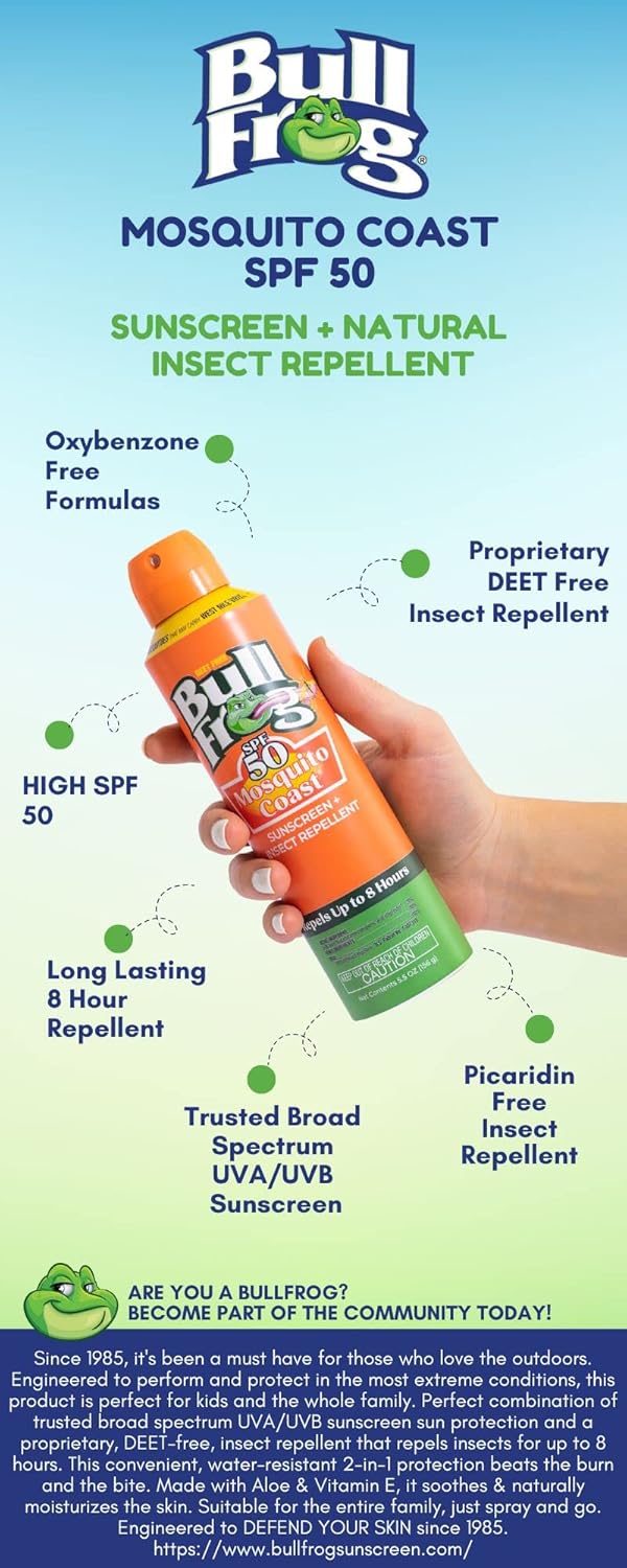 Bullfrog Mosquito Coast Sunscreen SPF 50 - Insect Repellent Continuous Spray, 5.5oz, 2-Pack