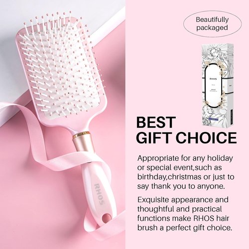 RHOS Paddle Brush - Detangler for Thick, Curly, Long Hair | Nylon Bristles Cushion Brush - Pink
