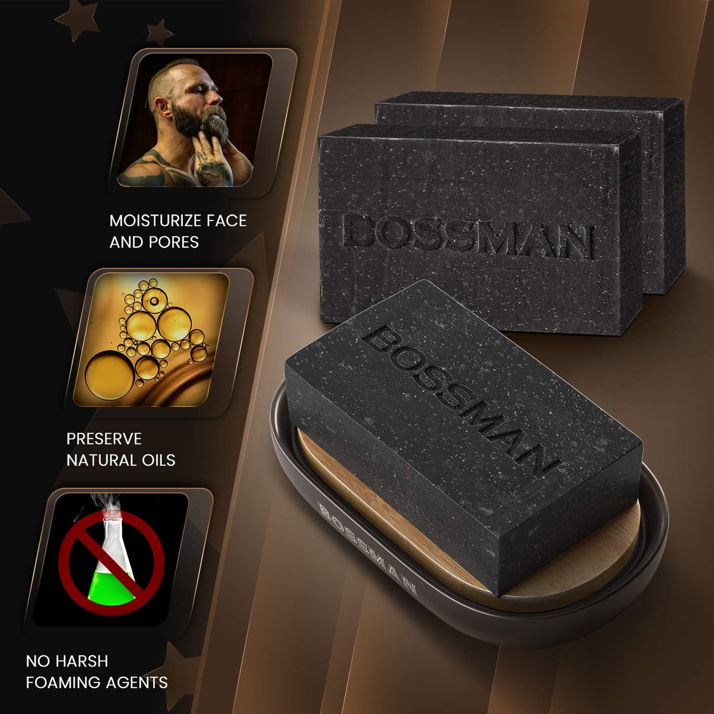 Bossman 3 Pack Mens Bar Soap 4-in-1 All Natural Organic Beard Wash, Shampoo, Body Wash, Shaving and Bath Soap - Essential Beard Care (4oz), Scent- Eucalyptus and Tea Tree
