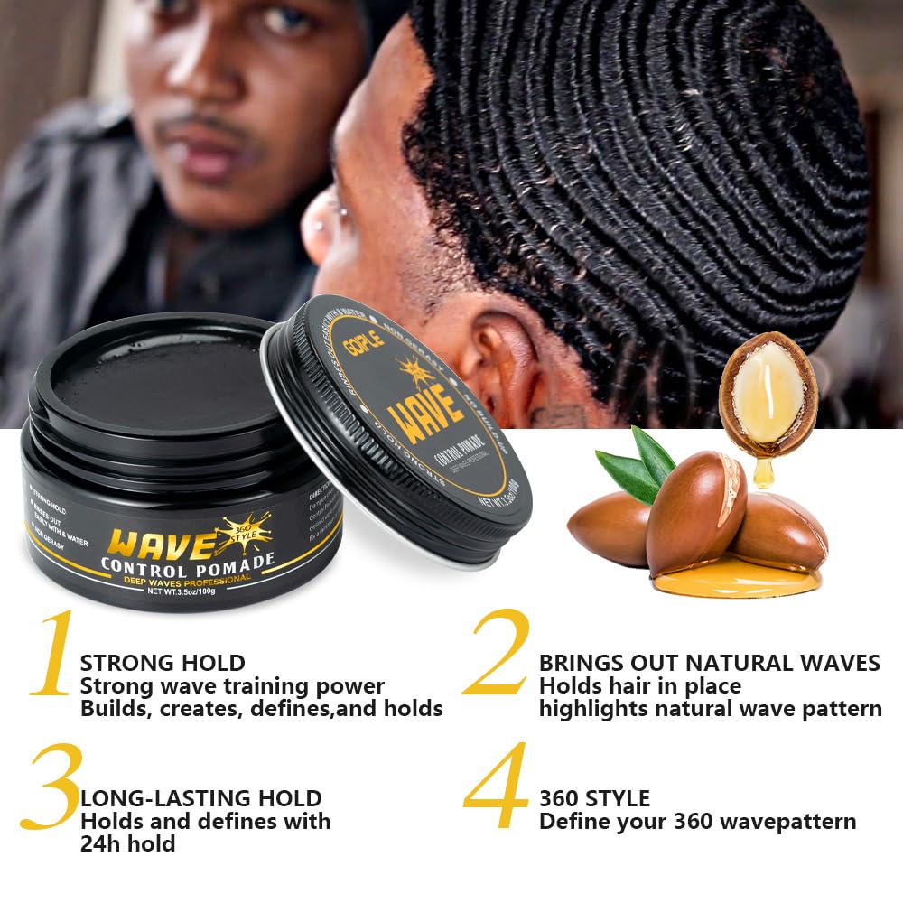 Wave Pomade for Men Strong Hold Easy Wash 360 Wave Training Hair Cream, Waves Grease for Men Promotes Layered Waves, Moisture, Control and Silky Shine, Wave Kit Curved Medium Waves Brush Silky Durag