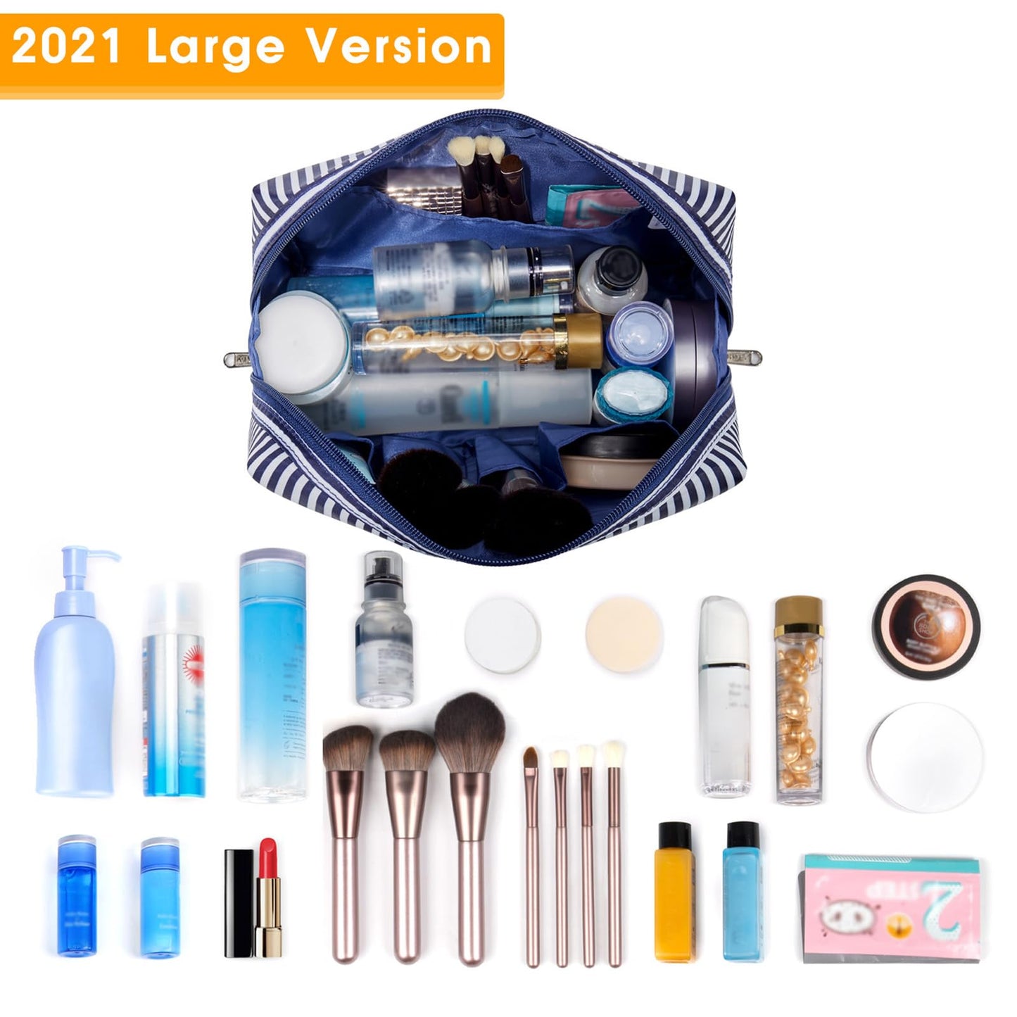 Narwey Cute Makeup Bag Travel Cosmetic Bag Organizer Toiletry Bag Make Up Bags with Compartments for Women Girls (Large, Blue Stripe)