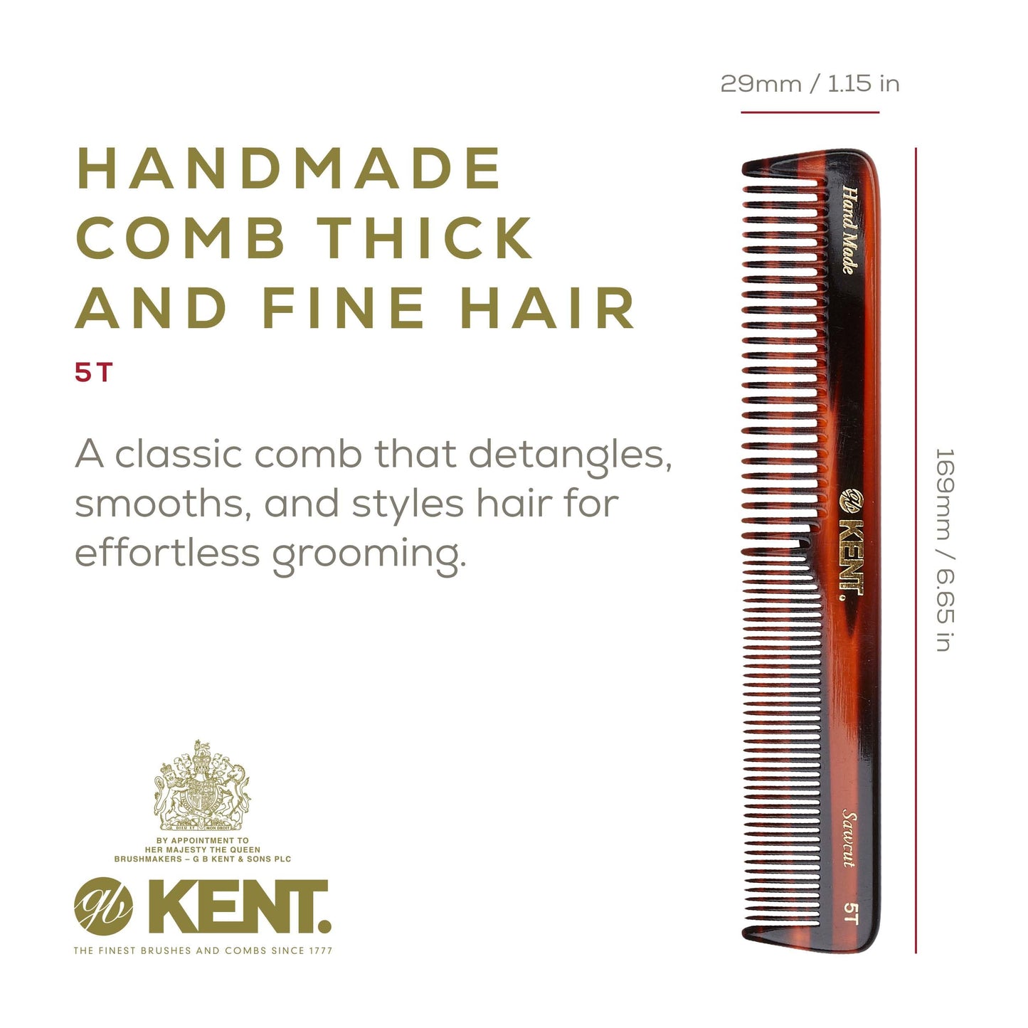 Kent 5T 6.6 Inch Double Tooth Hair Dressing Comb, Wide and Fine Tooth Beard, Mustache and Hair Grooming Comb for Men, Women and Kids - Made in England