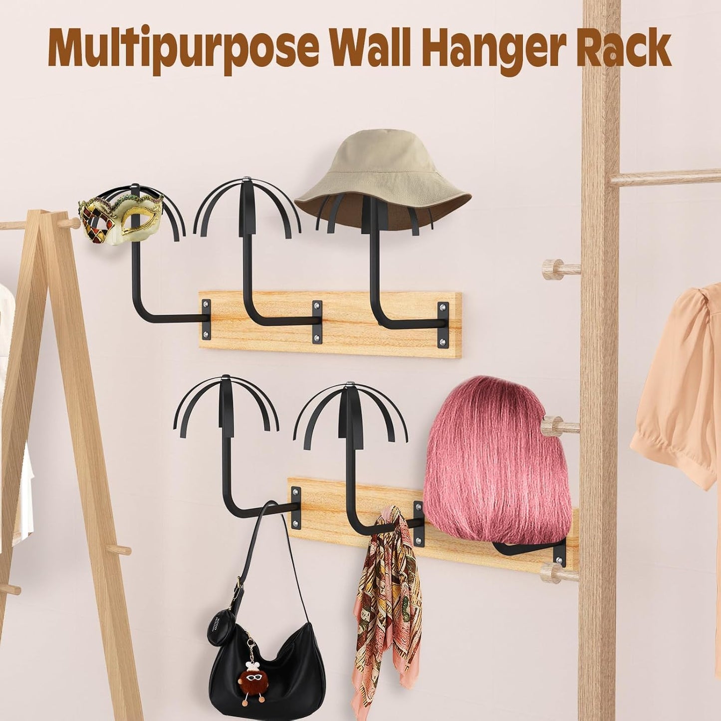 6 Pcs Hanging Wig Stand for Multiple Wigs, Durable Wall Mounted Wig Hanger Holder,Wig Holder for Multiple Wigs,Hanging Wig Holder for Display, Storage, Styling, Drying,Practice,Design (Black)