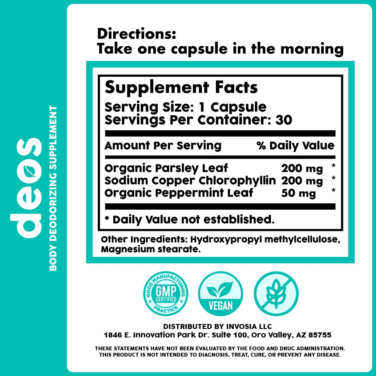 DEOS Internal Deodorant Supplement β Full Body Deodorizer for Gut Health, Skin Health, Detox & Digestion Support β Natural Odor Control Chlorophyll Pills for Head-to-Toe Freshness | 30 Capsules