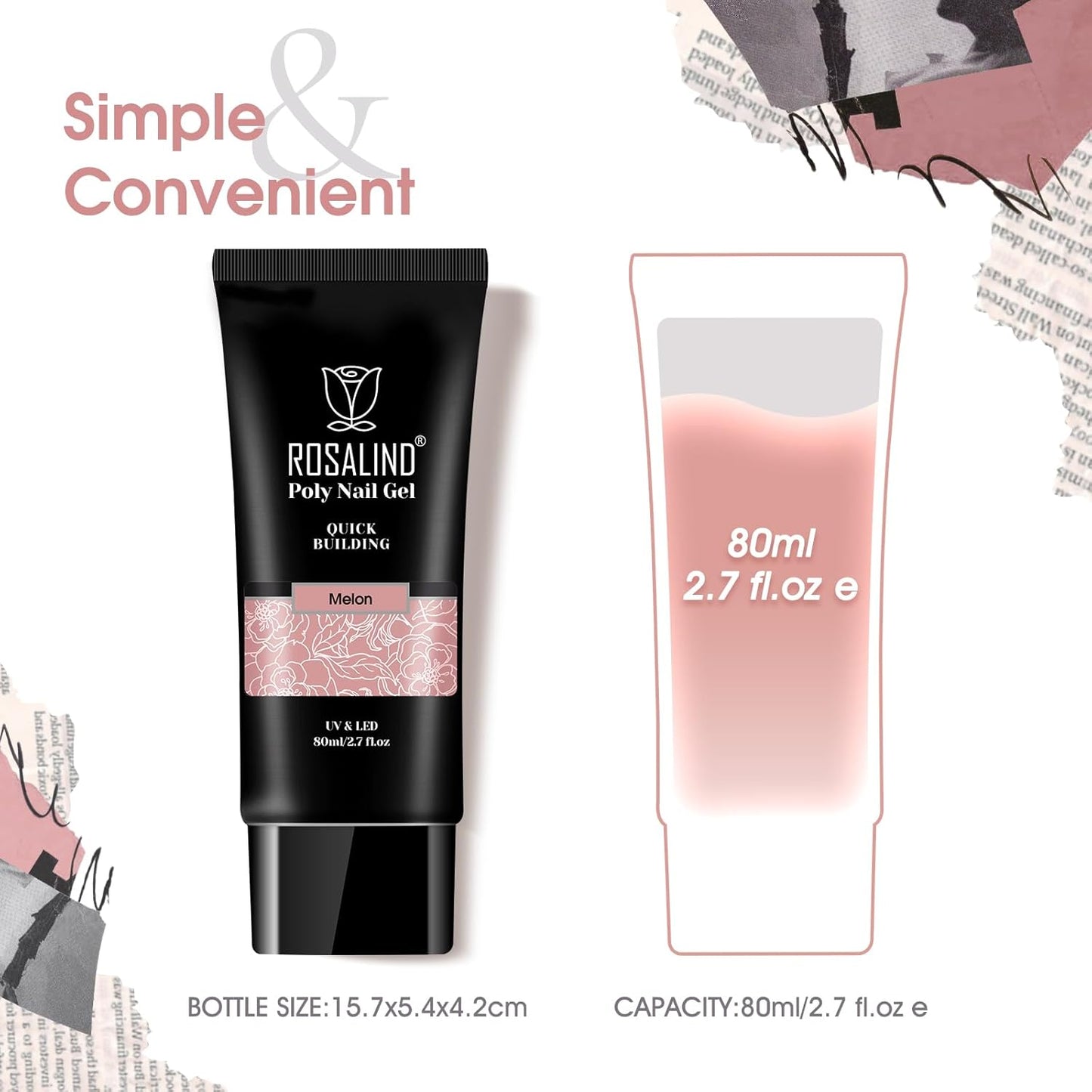 Nude Poly Extension Gel, ROSALIND 2.7 oz Light Nude Poly Nail Gel Builder for Nail Art Decoration, Thickening Extension Easy to DIY Use at Home Need UV Lamp