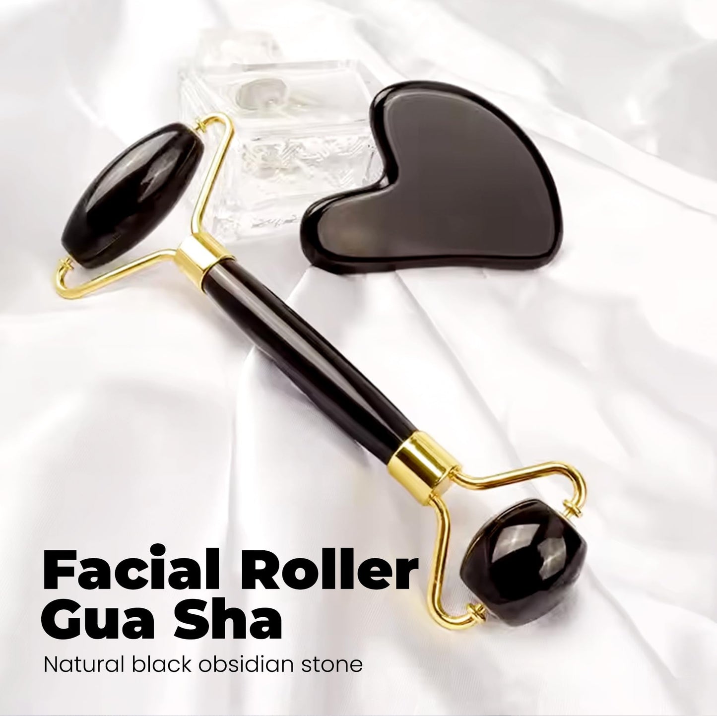 ROSELYNBOUTIQUE Gua Sha Facial Tools & Face Roller for Wrinkless Natural Skincare Tool Jade Roller Guasha Tool for Face Facial Massager (Black Obsidian)