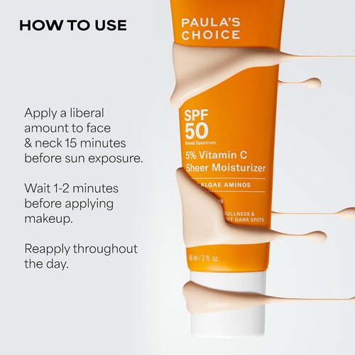 Paula's Choice 5% Vitamin C Sheer Sunscreen - SPF 50, Lightweight & Moisturizing, 2oz | All Skin Types