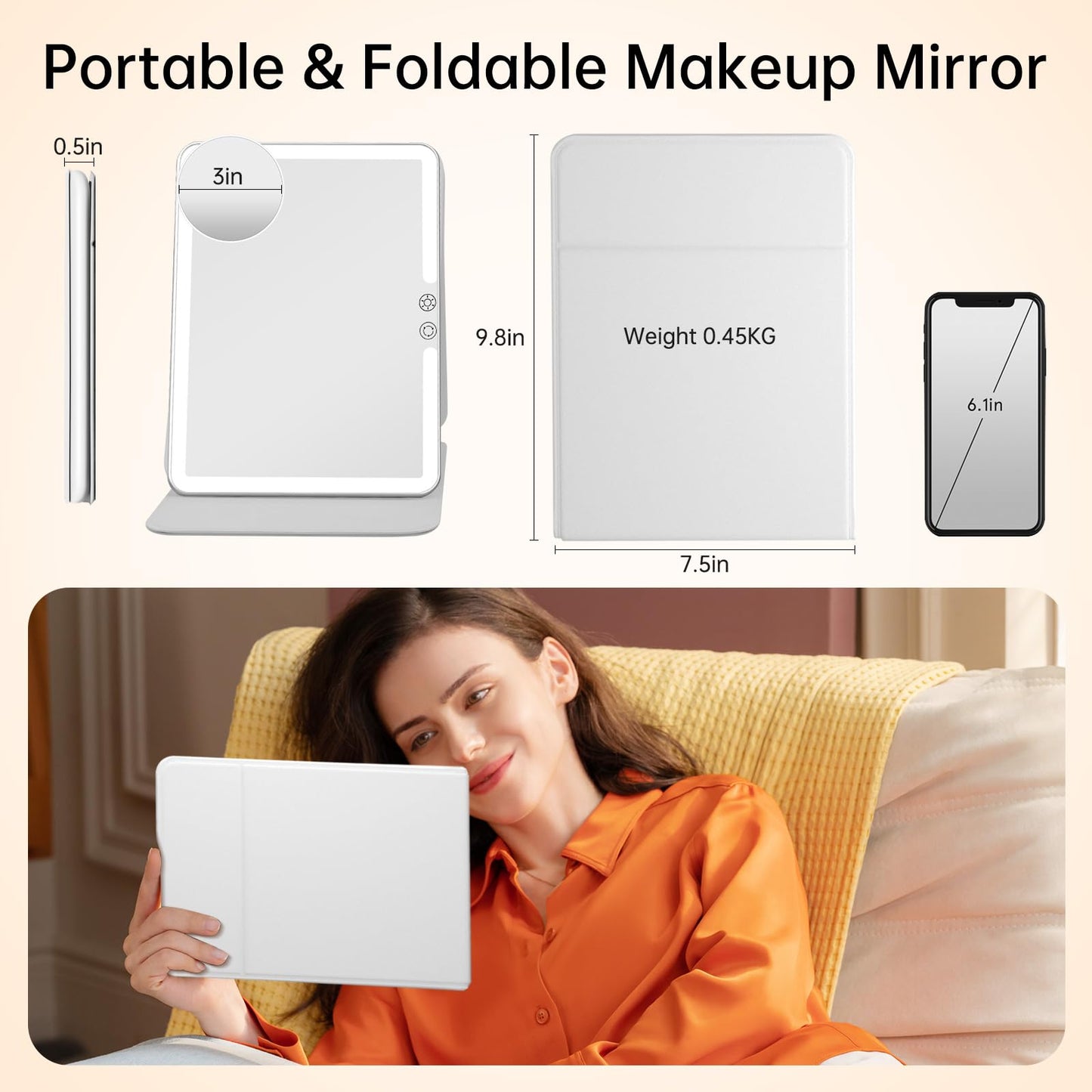 FUNTOUCH 2500mAh Large Rechargeable Travel Makeup Mirror with Light, Portable Makeup Mirror with 10X Magnifying Mirror, 3 Lighting Modes, Tabletop Folding Travel Mirror with PU Leather Cover (White)