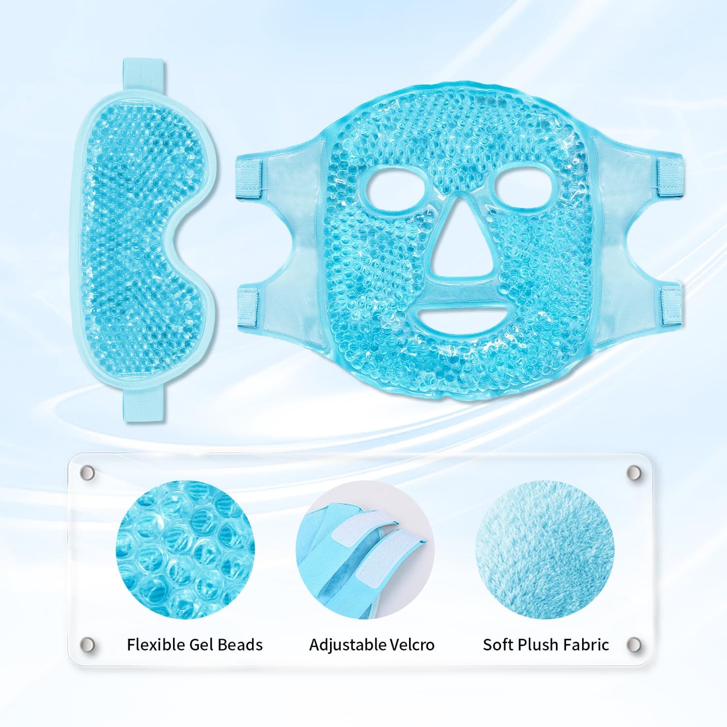 Cooling Eye Mask and Ice Face Mask Set for Reducing Puffiness, Bags Under The Eyes, Sinus, Redness, Pain Relief, Dark Circles, Migraine, and Hot Cold Use Reusable with Super Soft Lining (Blue Set)