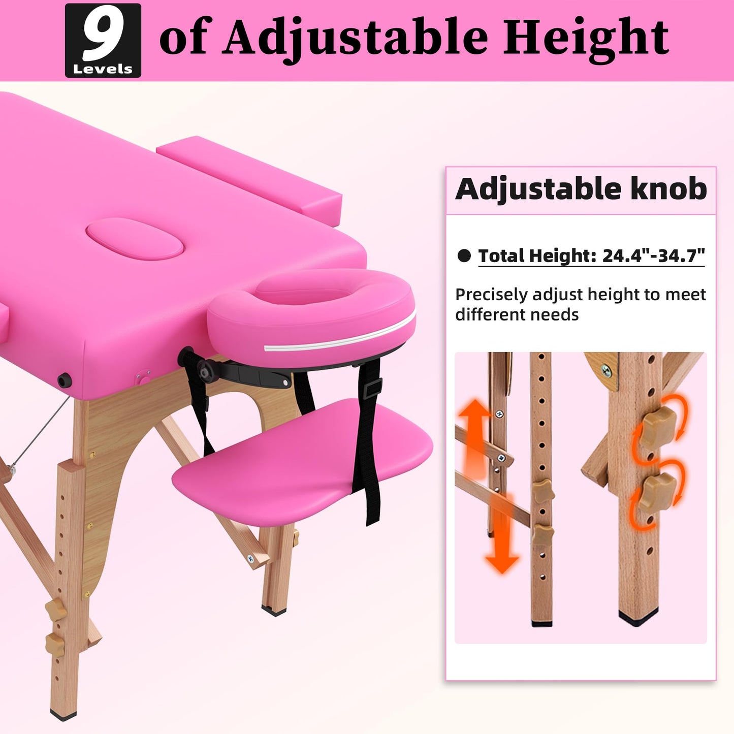 civama Massage Table Massage Bed Portable, 29 LBs Light Weight 2 Section Foldable Tattoo Bed Facial Care Spa Lash Bed Height Adjustable Sturdy Wooden Frame with Accessories Carrying Bag, Pink