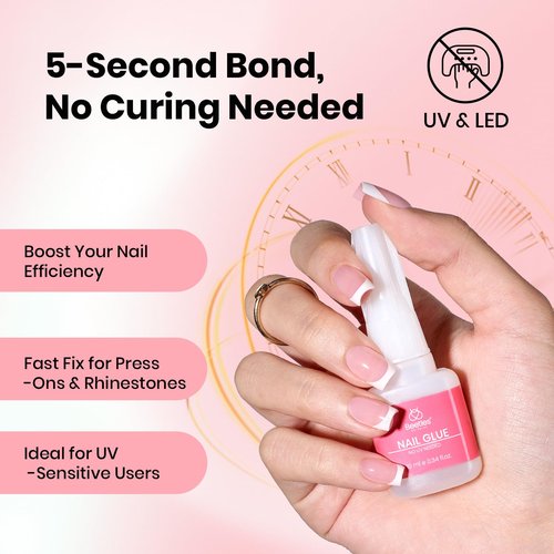 Beetles Press On Nail Glue Quick-Drying 10ml Super Strong Nail Glue, Brush on Glue for Acrylic & Fake Nails, No Uv Light Needed, Long Lasting Spring Nails, DIY Home Manicure
