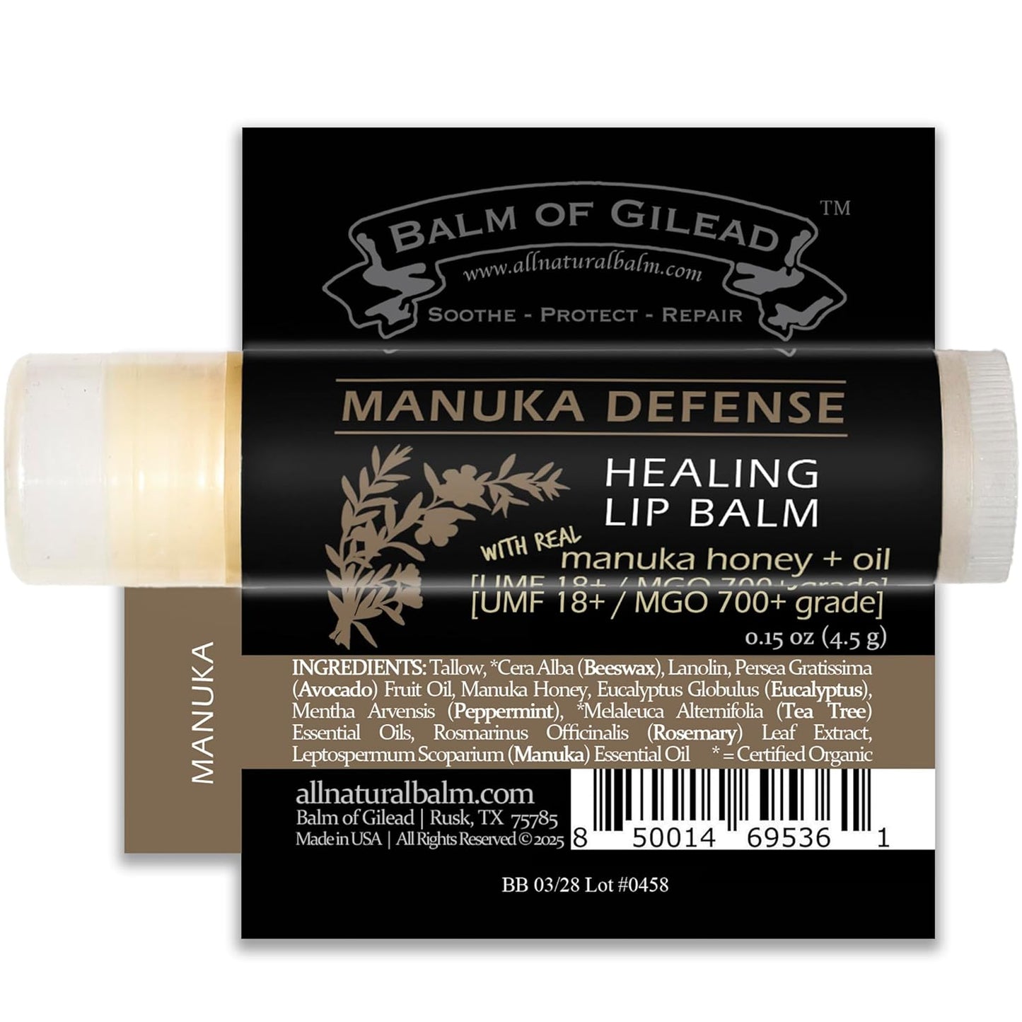 Balm Of Gilead Manuka Defense Healing Lip Balm - Intensive Moisture Therapy with Manuka & Tea Tree - 4-Pack, 0.15 oz