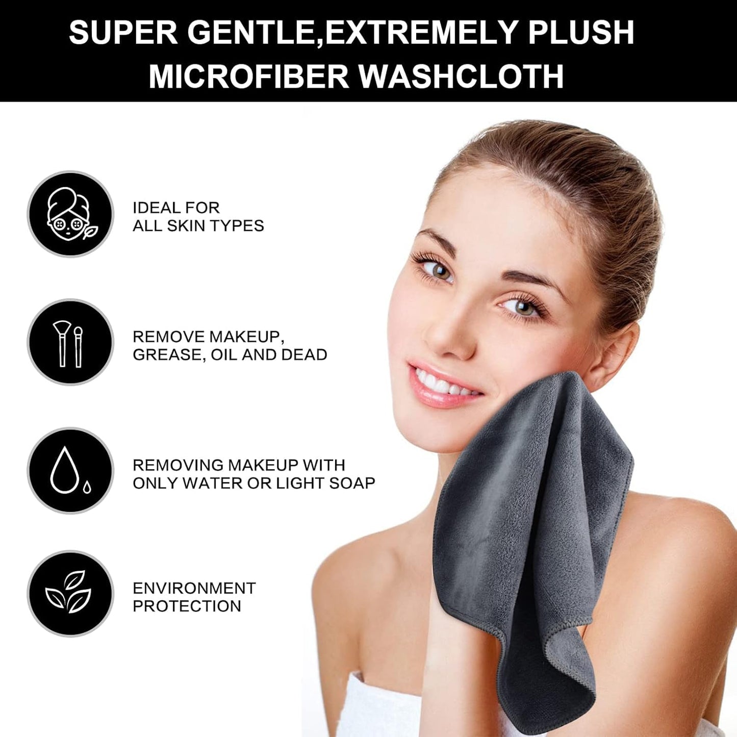SINLAND Microfiber Facial Cloths - Fast-Drying Washcloths | 12" x 12" Grey, 6-Pack
