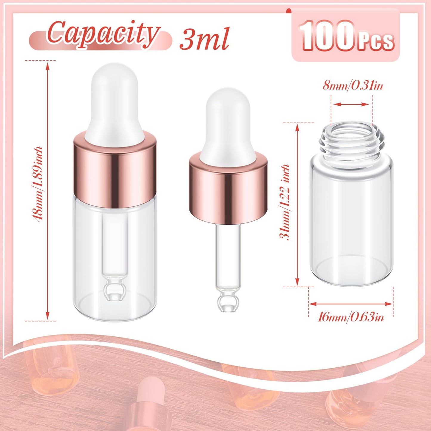 Didaey 100 Pcs Mini Glass Oil Dropper Bottle Bulk, 3 ml Rose Gold Clear Essential Small Empty Bottles Sample Containers Perfume Liquid Vials with Cap for Traveling