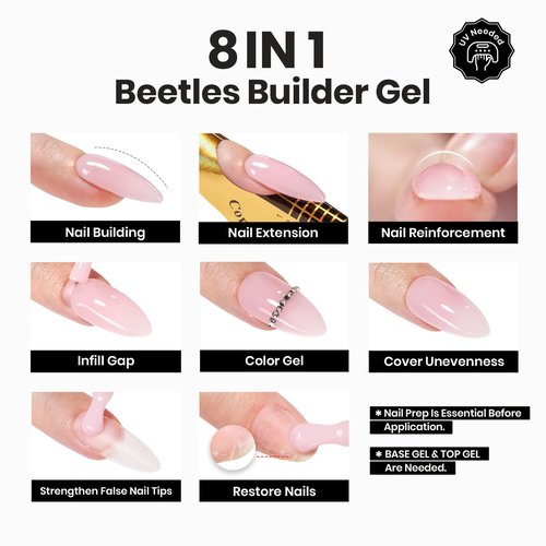 Beetles Builder Gel for Nails-Cover Nude Translucent 8 in 1 Nail Thickening Strengthening Building Apex for Beginner DIY Salon at Home,Natural Nude Builder Nail Gel, UV & LED Lamp Cured Needed