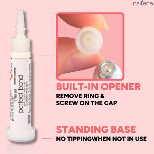 Nailene Perfect Bond Nail Glue, Super Strong, Durable, Easy to Apply Acrylic Nails, Press On Nails, Repairs Natural Nails, Quick Drying Nail Adhesive, Lasts 7 Days, Pink Tint, 2 g/0.07 oz, 2 Pack