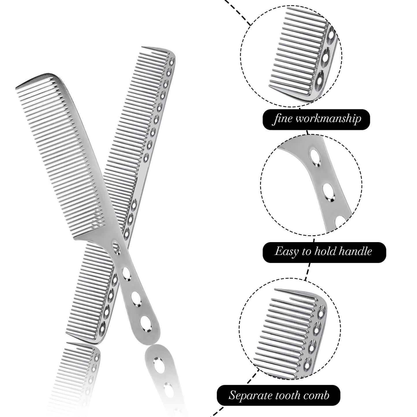Metal Hair Comb, 2 Pcs Space Aluminum Styling Comb Set Professional Flat Iron Fine Tooth Comb Alloy Metal Hair Cutting Comb Anti-static Hairdressing Comb Parting Comb for Women Men Barber Supplies