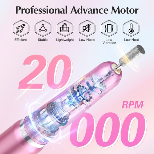 JIASHENG USB Electric Nail Drill, Portable Electric Nail File for Acrylic Gel Nails, Professional Drill Nail Kit Manicure and Pedicure Kit with Drill Bits for Home and Salon Use, Pink