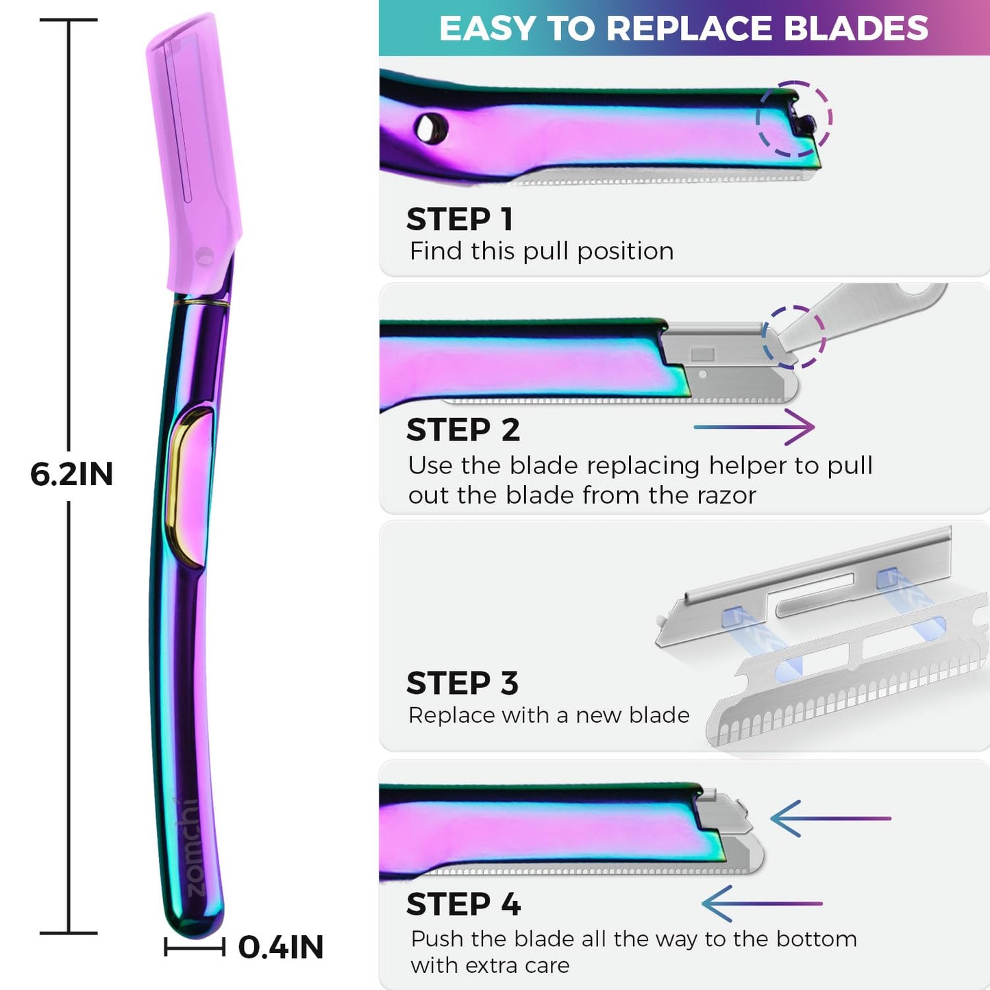 ZOMCHI Dermaplane Razor - Premium Facial & Eyebrow Razor with Metal Handle | 11 Blades, Rainbow Finish