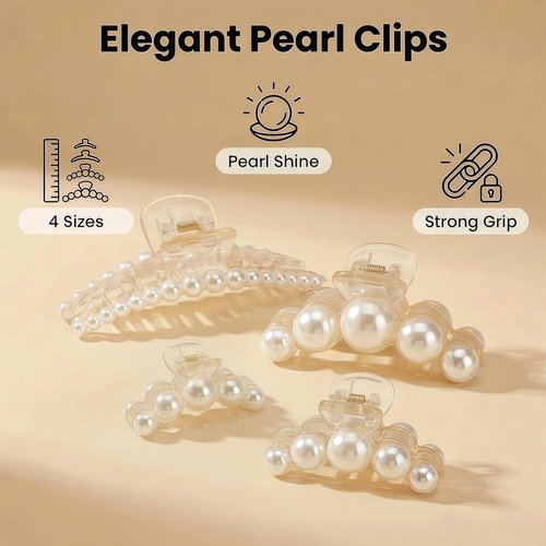 Hair Clips for Women, Large Pearl Hair Claw Clip Set Strong Hold No Slip, Banana Jaw Clip Barrettes, Hair Accessories Birthday Wedding Mothday’s Day Gift for Girl Wife Styling Thick Thin (4 PCS)